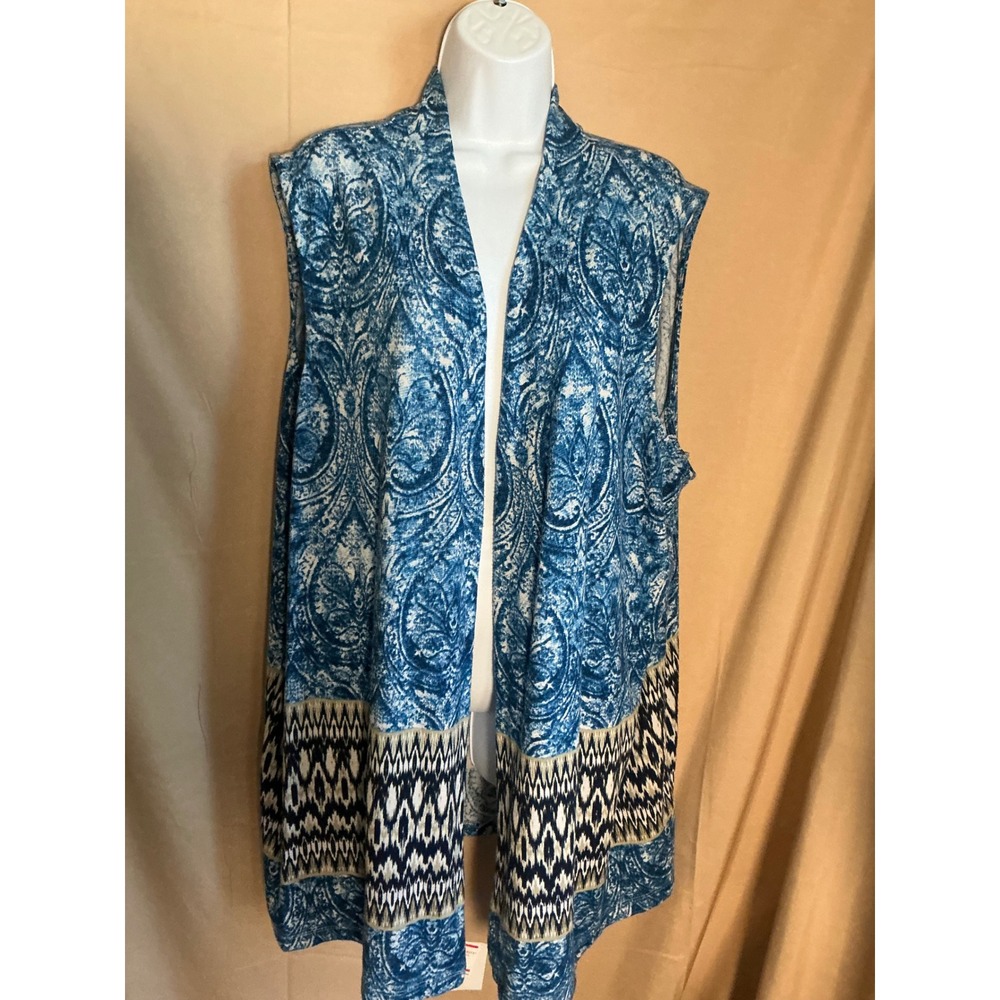 Onque Woman Cardigan Vest Womens 3X Blue Excellent Paisley Geometric Open Front